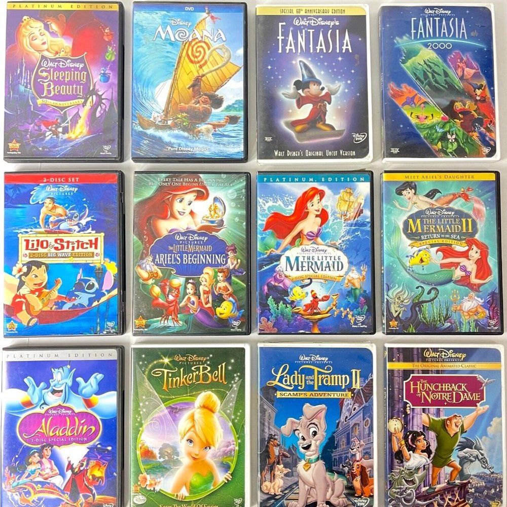 Disney Movie 12 DVD Bundle Fantasia Moana Lilo Mermaid Beauty Aladdin Hunchback